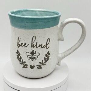 Potter's Corner Bee Kind Mug Speckled Ceramic Farmhouse Coffee Cup Turquoise Rim